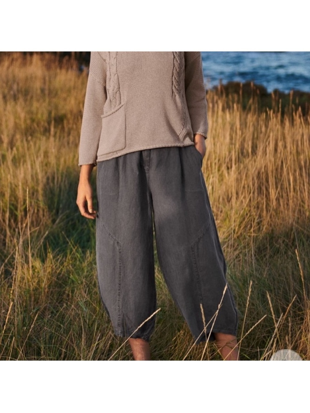 Poetry 100% Linen Oatmeal Barrel Relaxed Cropped Paperbag Pants Womens Size 16